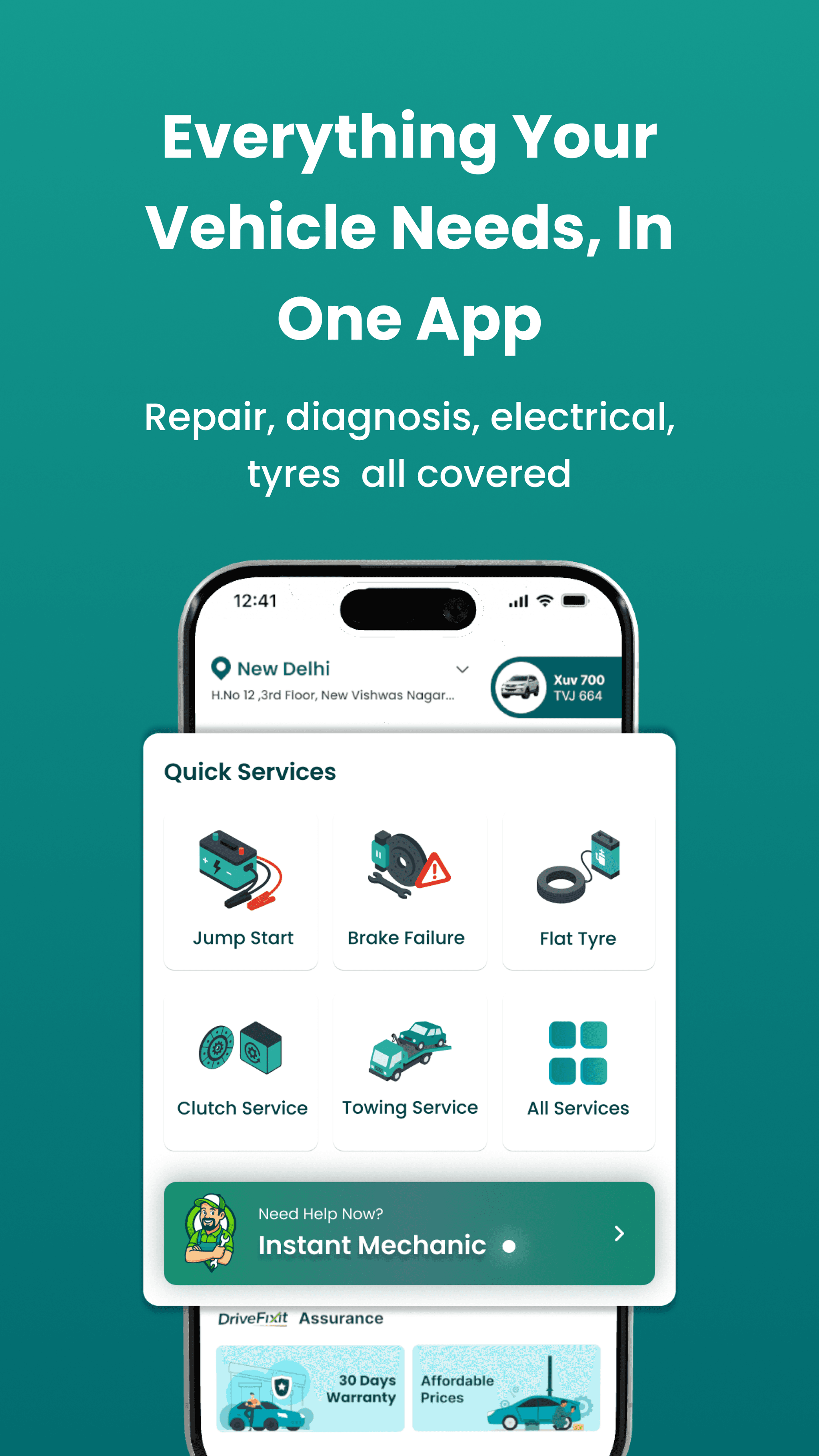 Drive Fixit customer app screenshot — book a mechanic on demand in India